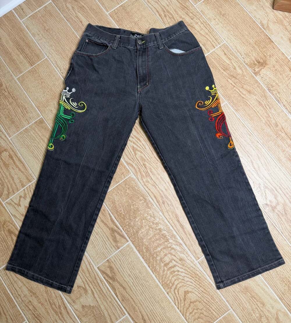 Raw Blue Vintage Embroidered Paisley and Crown Y2K Baggy Jeans Size 36x32